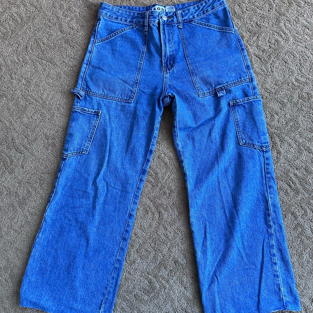 Blue Wide Leg Flare Jeans with Contrast Stitching